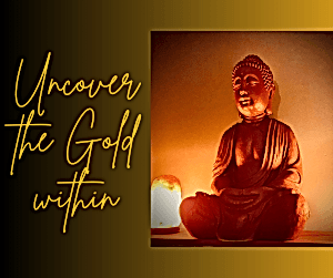Buddha statue sitting in the golden glow of Tawa yoga studio